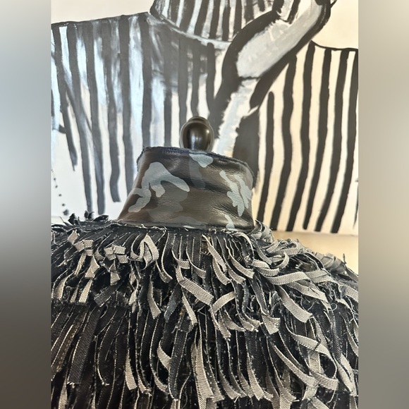 Women’s Denim/Blue Camouflaged/Black Leather Fringed Jacket ❌SOLD❌ - Picture 3 of 5